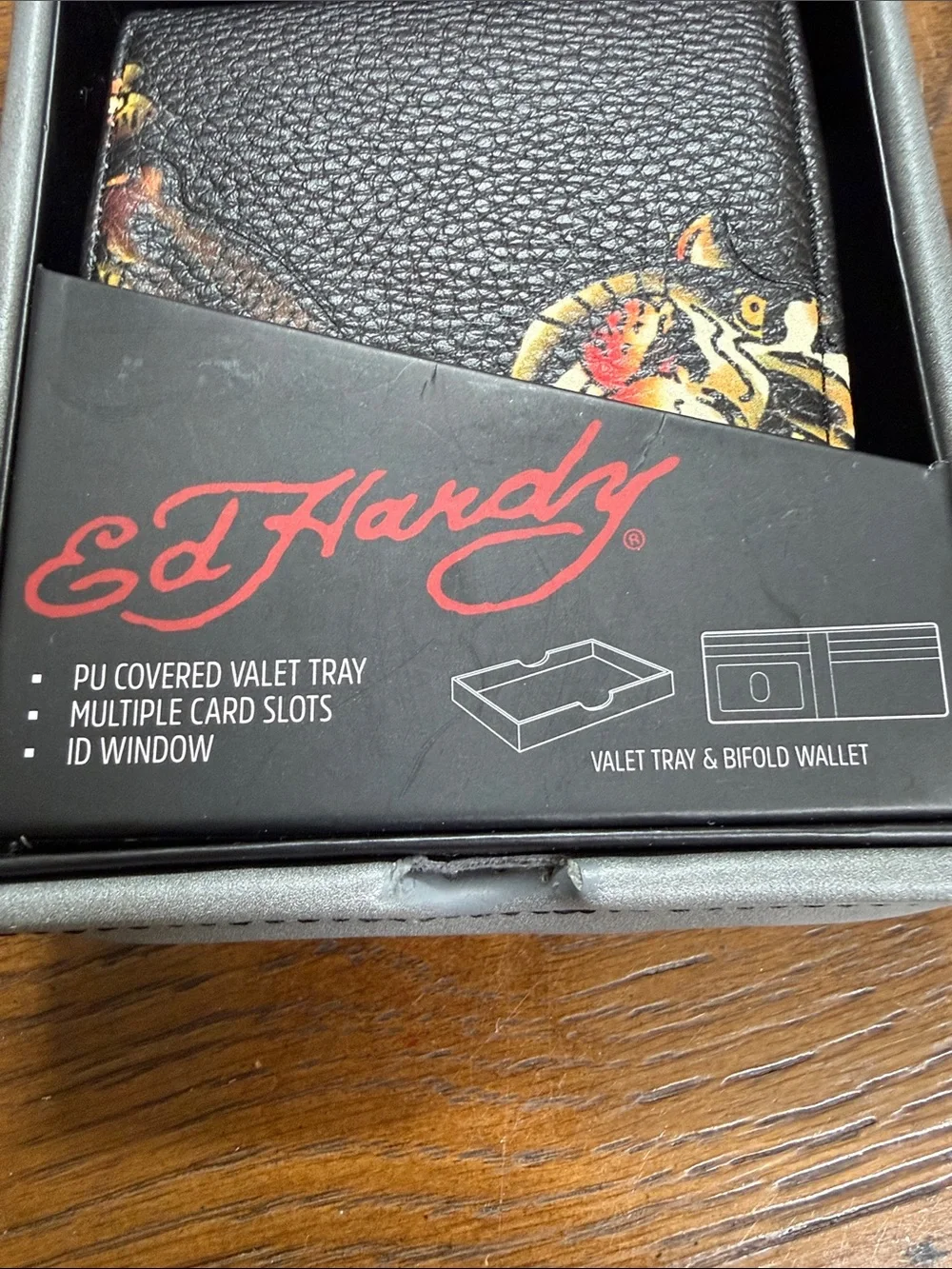 Ed Hardy Black Wallet with Fierce Tiger Artwork. Multiple card slots. ID window.